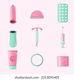Ilustración vectorial gratuita Imagen Concepto de método anticonceptivo protección prevención de anticonceptivos protección mujer conjunto iconos