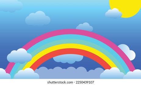 free vector image of a colorful rainbow over a bright blue sky and clouds.