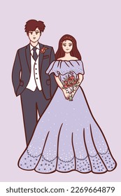 Free vector men and women who show love for each other wedding handdrawn illustration with purple dress and suite
