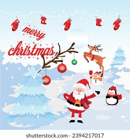 Free vector merry Christmas font with Santa Claus and reindeer   