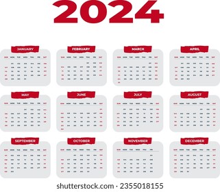 Calendario de 2023 páginas de estilo mínimo libre vectorial para el nuevo año. 
Calendario 2024 semana de inicio domingo planeamiento de diseño corporativo.