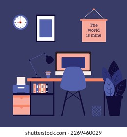 Free vector modern home office interior design in dark night flat style