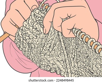 Free vector mother's hands knitting a warm scarf for winter with her crochet kit