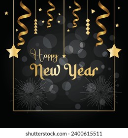 Free Vector New Year Abstract golden fireworks and golden gradient numbers on dark background