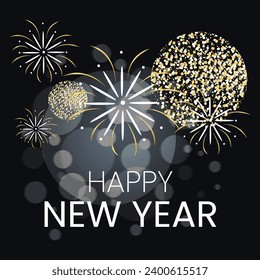 Free Vector New Year Abstract golden fireworks and golden gradient numbers on dark background