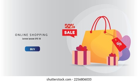 Free vector online delivery banner with realistic shoe,bag,cloth and social icons  minimal clean style Gift Box .
