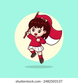 Free Vector premium cute girl holding indonesian flag. Independence Day vector. Chibi cartoons.