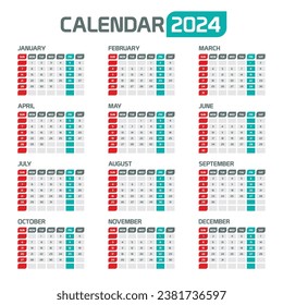 Plantilla de calendario mensual de 2024 para el escritorio de la oficina o de la decoración de pared para vectores gratuitos