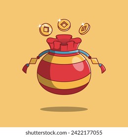 Free Vector Red Pouch With Coins. Money Bag. Chinese. Cartoon. Illustration. Icon. Chinese New Year. Chinese New Year Elements.