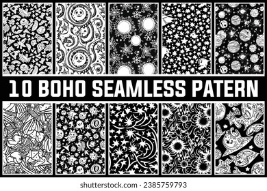 Free vector set of Black and White Ethnic Boho Seamless patterns with Abstract Shapes