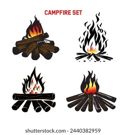 Free vector set of hand sketch campfire, firewood, bonfire, adventure illustration.

