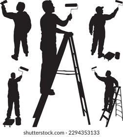 Free vector set a man painting a ladder with a paint roller