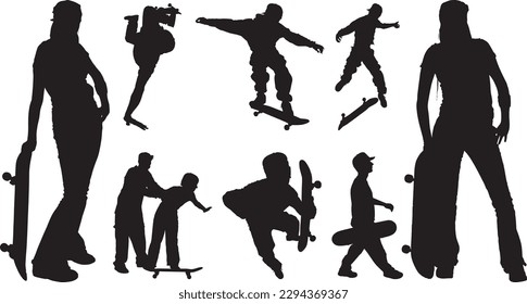 Conjunto vectorial libre de siluetas de patinadores sobre un fondo blanco.
