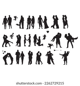 Free vector silhouettes related to romantic theme - love couples. This clipart include dancing people, men kissing women, romantic couple kissing, romantic pare holding hands of each, hugs, embrace of