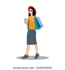 Free vector smiling shopping girl with shopping bags flat design