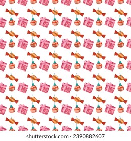 Free vector sweet candy and cookies seamless pattern with gift box.