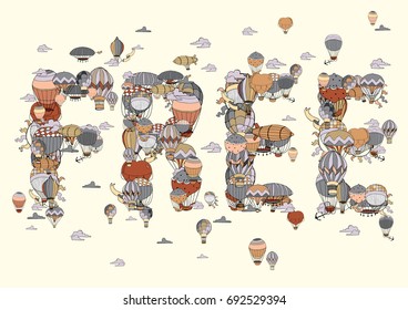 Free Vector Type with Different Hot Air Balloons in the Sky. Hand Drawn illustration in Retro Style.