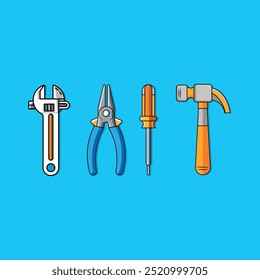 Llave de Vector gratis, alicates, destornillador, ilustración de icono de dibujos animados de martillo.