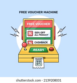Free voucher from retro game machine vector illustration for creative vintage 80s 90s online shop social media marketing promotion