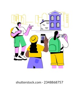 Free walking tour isolated cartoon vector illustrations. Group of friends taking pictures of historical building, sightseeing, city trip, cultural experience, guide leads tour vector cartoon.