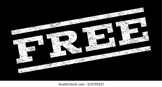 Free watermark stamp. Text tag between parallel lines with grunge design style. Rubber seal stamp with scratched texture. Vector white color ink imprint on a black background.