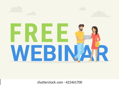 Free webinar concept illustration of two people using laptop to watch online webinar. Flat design of people staying near big letters free webinar isolated on white background