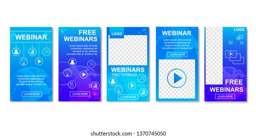 Free Webinar With Icons Set Of Templates For Social Media. Concept Of Online Distant Education Banners Vector Illustration. Webcast, Livestream, Online Event. Real-time Collaboration Via Internet.