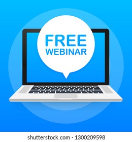 Free webinar, laptop icon. Can be used for business concept. Vector stock illustration.