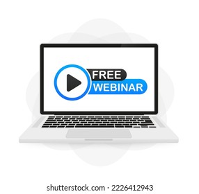 Free webinar, laptop icon. Can be used for business concept. Online seminar button on laptop screen. Vector illustration