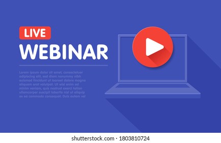 Free webinar play online button vector illustration in Laptop notebook computer screen. Vector illustration. Live webinar label on laptop screen.