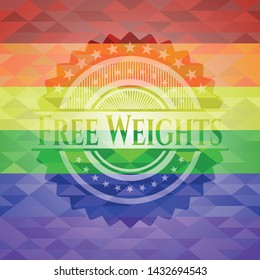 Free Weights emblem on mosaic background with the colors of the LGBT flag