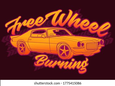 Free Wheel Burning Muscle Car vintage art with tire pattern at background.This design is suitable for old style or classic car garage, shops, repair. Also for car tshirts, stamps and hot rods things