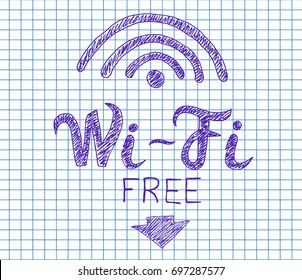 Free Wi- Fi symbol on copybook background. Wi- Fi Icon. Vector illustration.