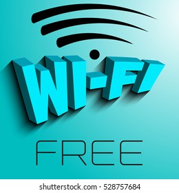 Free Wi FI. Vector image volumetric letters. Blue background. Logo