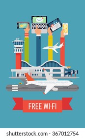 Free Wifi in airport terminal concept layout. Lovely vector illustration on passenger and traveler wireless Internet access in public area of airports