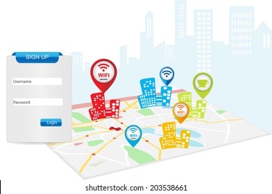 Free wifi area Internet Cafe Templates with login form.Wifi Web Page. Concept of wireless internet connection, wireless internet network. Internet wireless navigation, connection and communication
