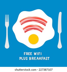 Free wifi area sign on a plate of breakfast with fried eggs and bacon, vector illustration. 