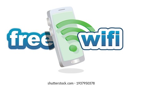 free wifi. clean wifi symbol and text in front of smartphone 3D - three dimensional for wifi connection concept vector illustration.