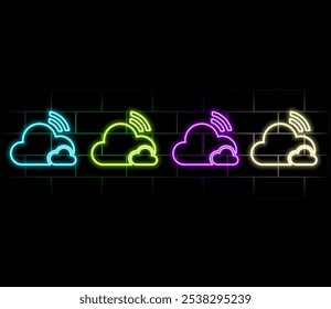 Free WiFi cloud and radio waves icon set. neon style.