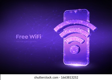 Free WiFi concept. Abstract low polygonal smartphone with wi-fi sign. Hotspot signal symbol. Mobile connection zone. Data transfer. Public assess zone. Wireless connection concept. Vector illustration