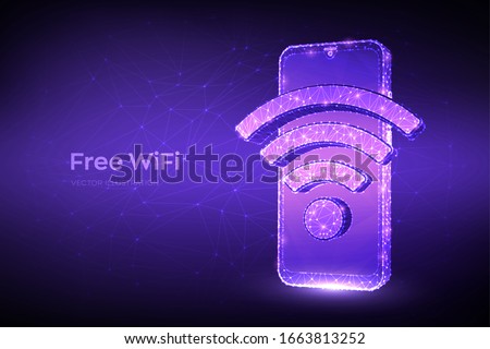 Free WiFi concept. Abstract low polygonal smartphone with wi-fi sign. Hotspot signal symbol. Mobile connection zone. Data transfer. Public assess zone. Wireless connection concept. Vector illustration