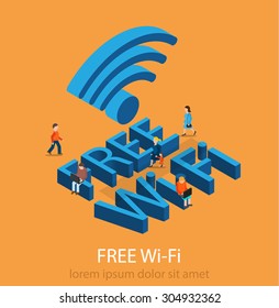 Free Wi-Fi concept with tiny people holding laptops and surfing in the Internet, vector illustration