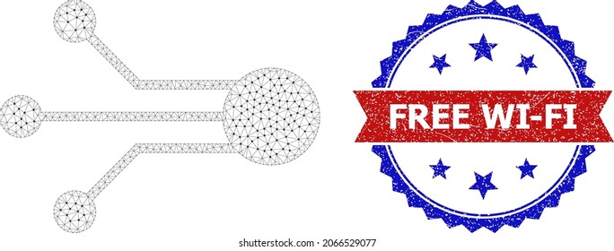 Free Wi-Fi dirty stamp seal, and sensor links icon polygonal structure. Red and blue bicolored seal contains Free Wi-Fi text inside ribbon and rosette. Abstract flat mesh sensor links,