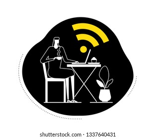Free wifi - flat design style vector illustration. Black, white and yellow composition with a woman, female freelancer working at the laptop using wireless Internet, drinking coffee, eating muffin