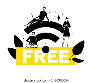 Free wifi - flat design style vector illustration. Black, white and yellow composition with male, female characters, managers working with laptops, smartphones using wireless Internet access