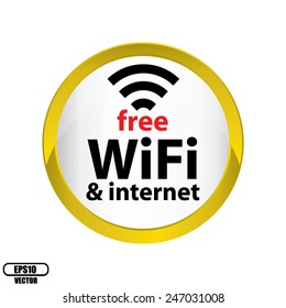 Free Wifi Glossy Sign With Circle Border Yellow Icon Isolated on White Background - Vector.