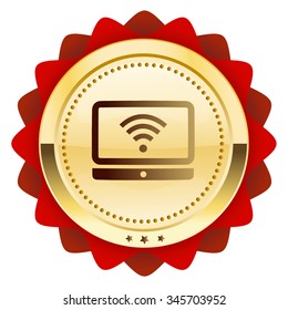 Free Wifi guaranteed seal or icon with Wifi symbol. Glossy golden seal or button.