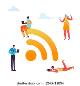 Free Wifi Hotspot. Characters Using Mobile Devices on Wi-fi Sign. Man and Woman Communicating Online in Free Internet Zone. Vector illustration