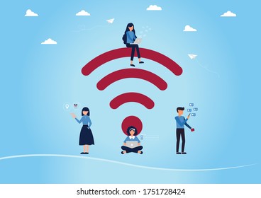 Free wifi hotspot, Vector illustration of Woman on big wifi sign with using laptops and people in free internet zone for checking social media with icon,Communication network internet concept