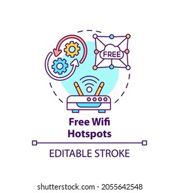 Free wifi hotspots concept icon. Urban internet connection. Online access. Digital inclusion improvement idea thin line illustration. Vector isolated outline RGB color drawing. Editable stroke